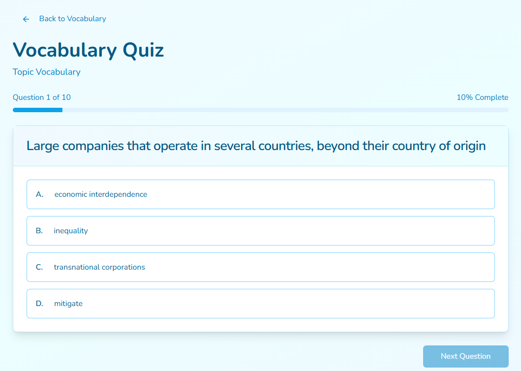 Interactive vocabulary quiz